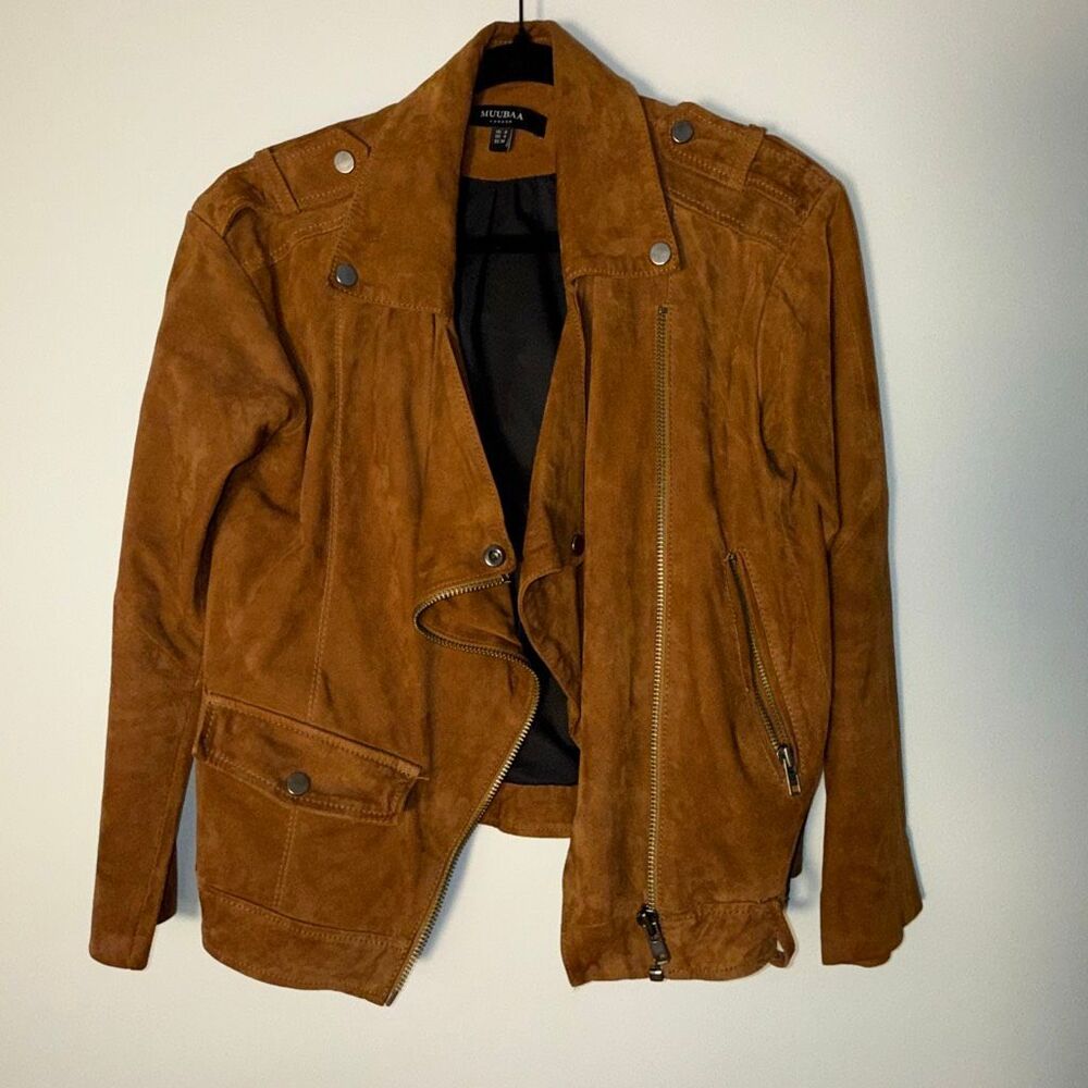 Muubaa Women’s Suede Moto Jacket Size 8 – Tan Brown Asymmetrical Zip Leather Bik